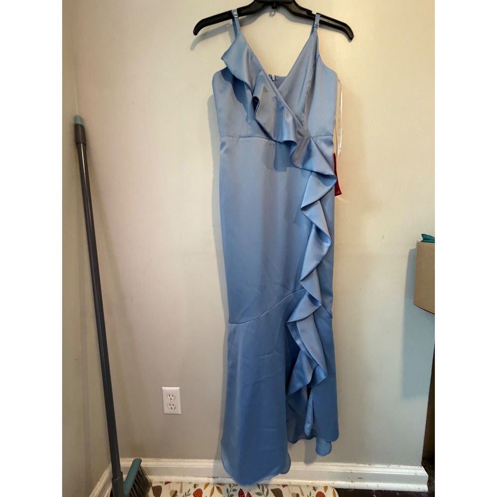 DKNY Womens Light Blue Satin Ruffle Gown V-Neck Formal Maxi Dress Size 6 NWT
